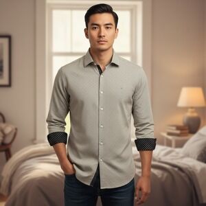 English Laundry Mens Button Down Shirt Geometric Pattern black white Long Sleeve